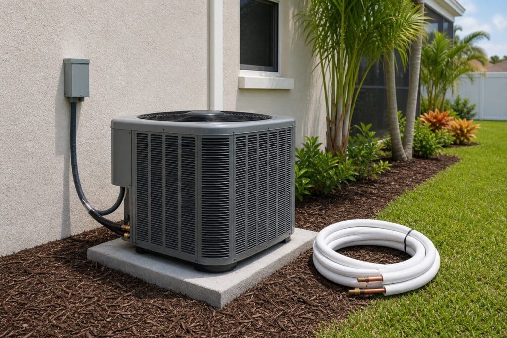 AC replacement prep with condenser and line set materials