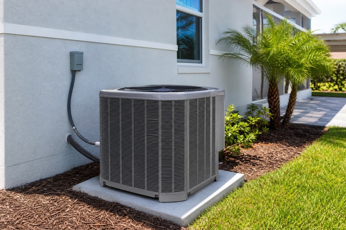 Central air conditioning condenser installed outside a Palm Bay home