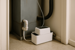A white HVAC condensate pump installed beside an air handler in a Florida closet with a thin discharge tube