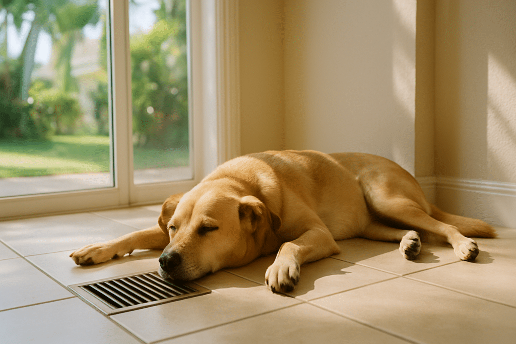 A relaxed dog resting on a cool tile floor near a floor air vent in a bright Florida home, warm