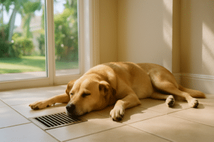A relaxed dog resting on a cool tile floor near a floor air vent in a bright Florida home, warm