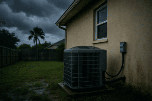 A residential air conditioning condenser outside a Florida home during an overcast stormy afternoon