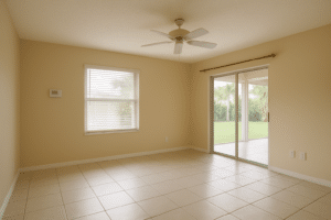 A tidy empty Florida living room with a wall thermostat visible, soft natural