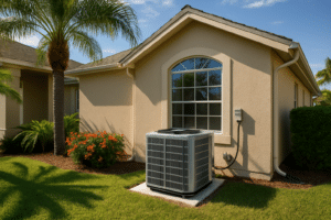 The exterior of a well-kept Florida home with a clean outdoor AC condenser unit on a sunny day
