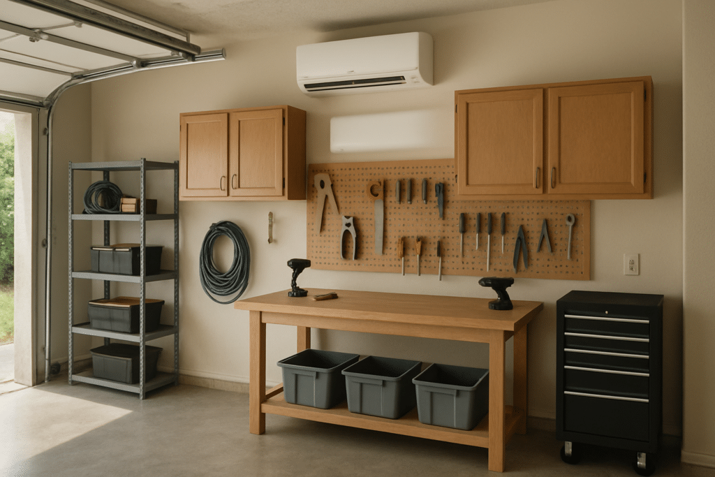 A clean residential garage workshop with a wall-mounted ductless mini-split head, Florida