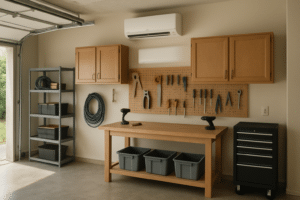 A clean residential garage workshop with a wall-mounted ductless mini-split head, Florida
