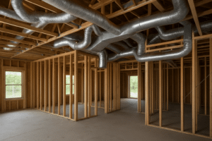 A new-construction Florida home interior under construction with HVAC ductwork rough-in visible in the framed ceiling