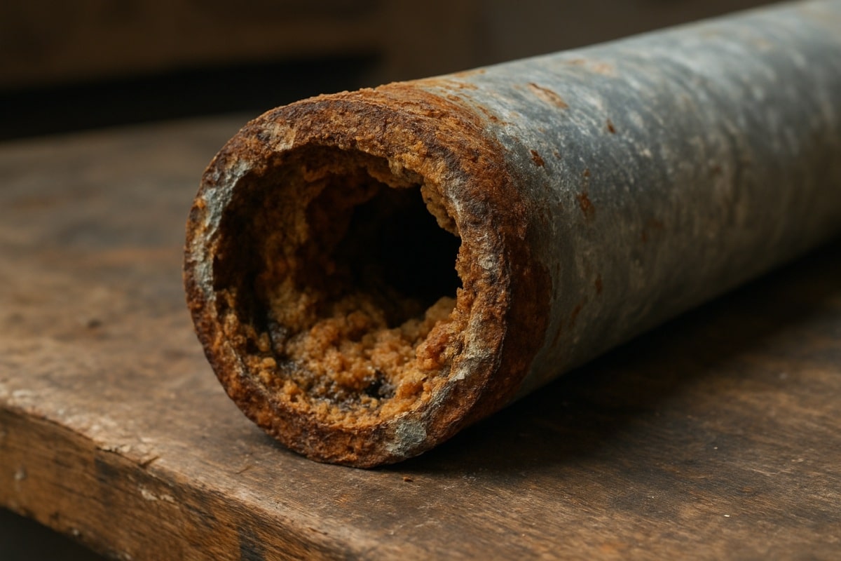 Close-up of a corroded galvanized steel pipe with rust and mineral buildup narrowing the interior