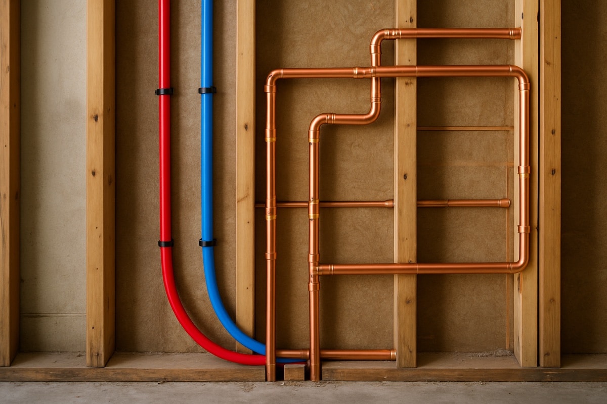 New PEX and copper water lines neatly routed along an exposed wall during a home repipe
