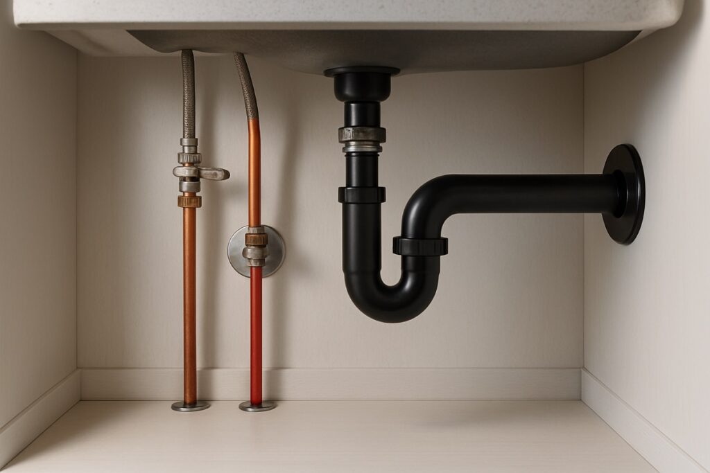 Copper and PEX water supply lines with a shutoff valve under a residential kitchen sink