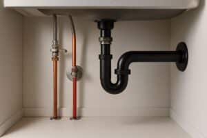 Copper and PEX water supply lines with a shutoff valve under a residential kitchen sink