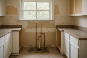 Kitchen mid-remodel showing roughed-in water supply lines and a drain stub where a new sink will be installed