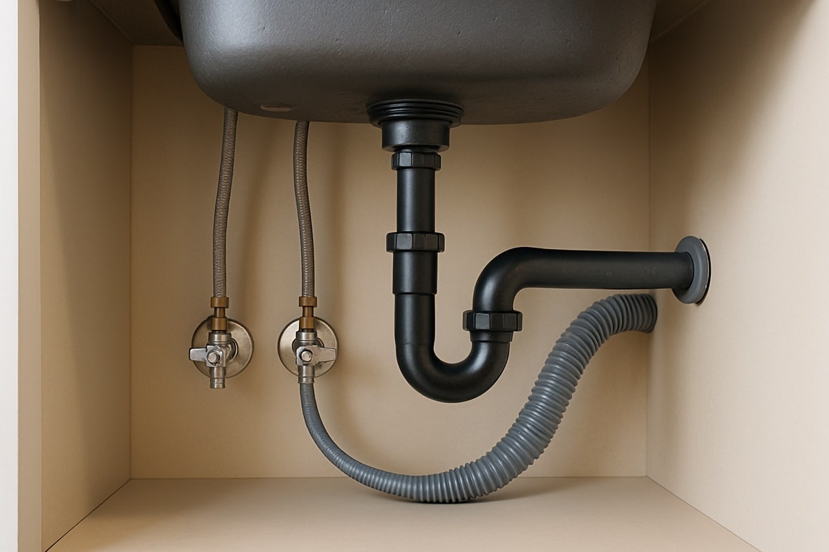 Under-sink kitchen plumbing with hot and cold supply lines, quarter-turn shutoff valves, and a P-trap