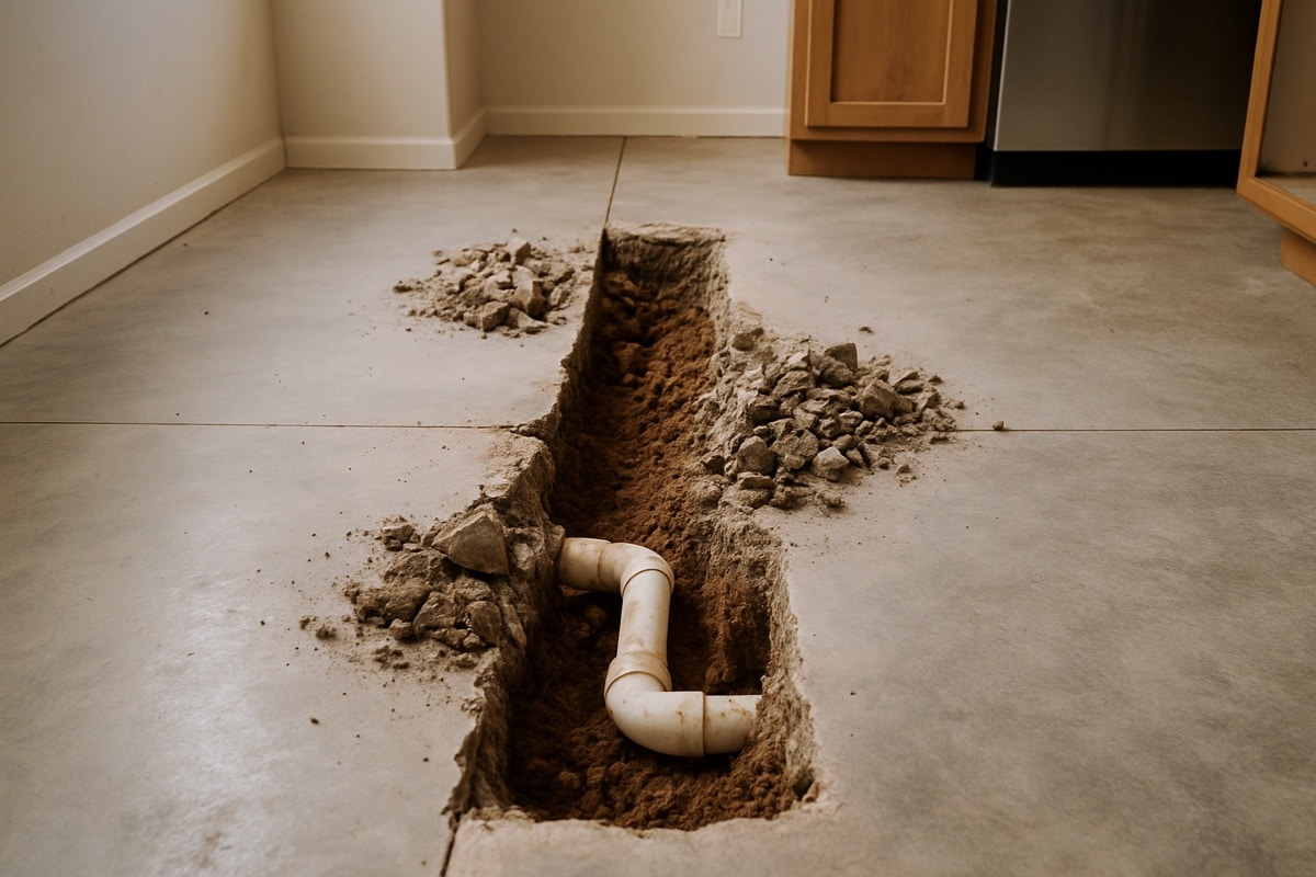 Saw-cut concrete slab opened to expose a buried drain line being relocated during a kitchen remodel