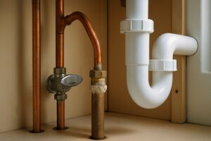 Under-sink plumbing connections in a Palm Bay home showing a corroded brass fitting and mineral scale