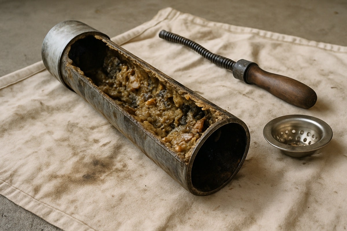 Cutaway drain pipe showing thick grease buildup beside a hand auger and sink strainer