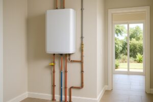Wall-mounted tankless water heater with new copper and PEX lines in a Palm Bay home utility area