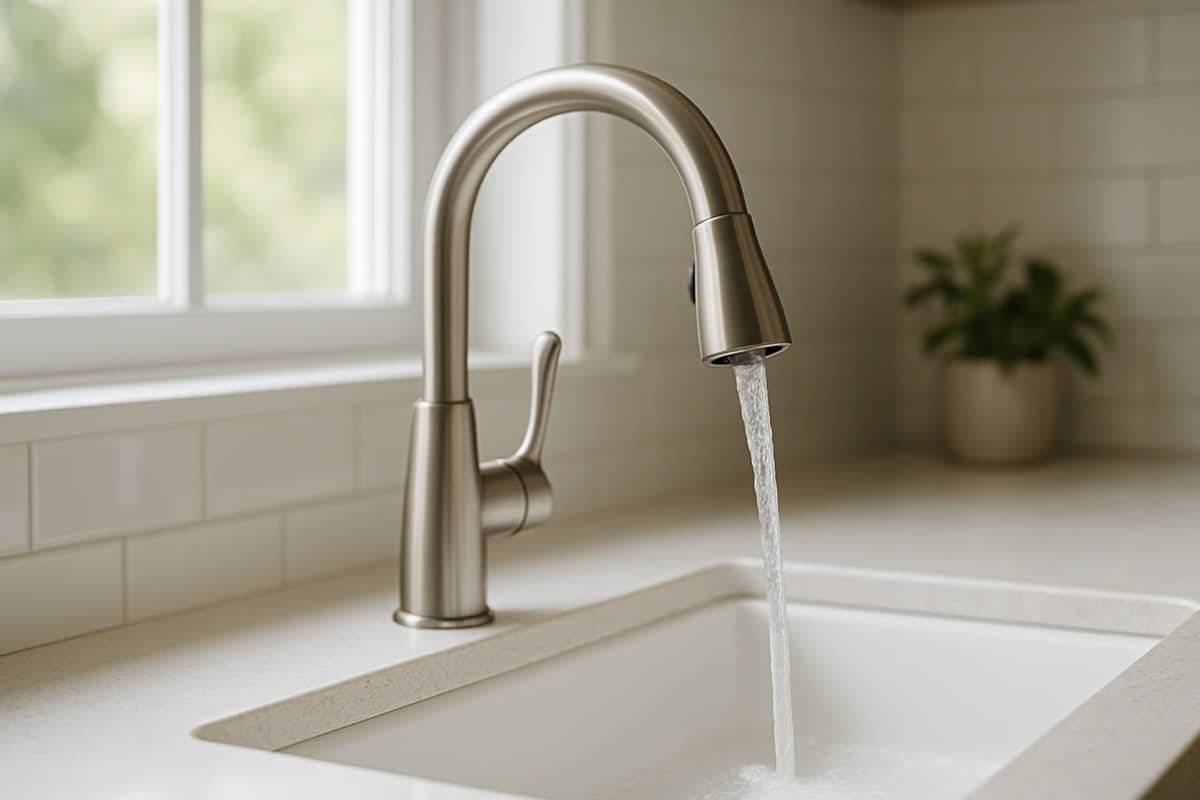 Modern brushed-nickel kitchen faucet running water over a white sink