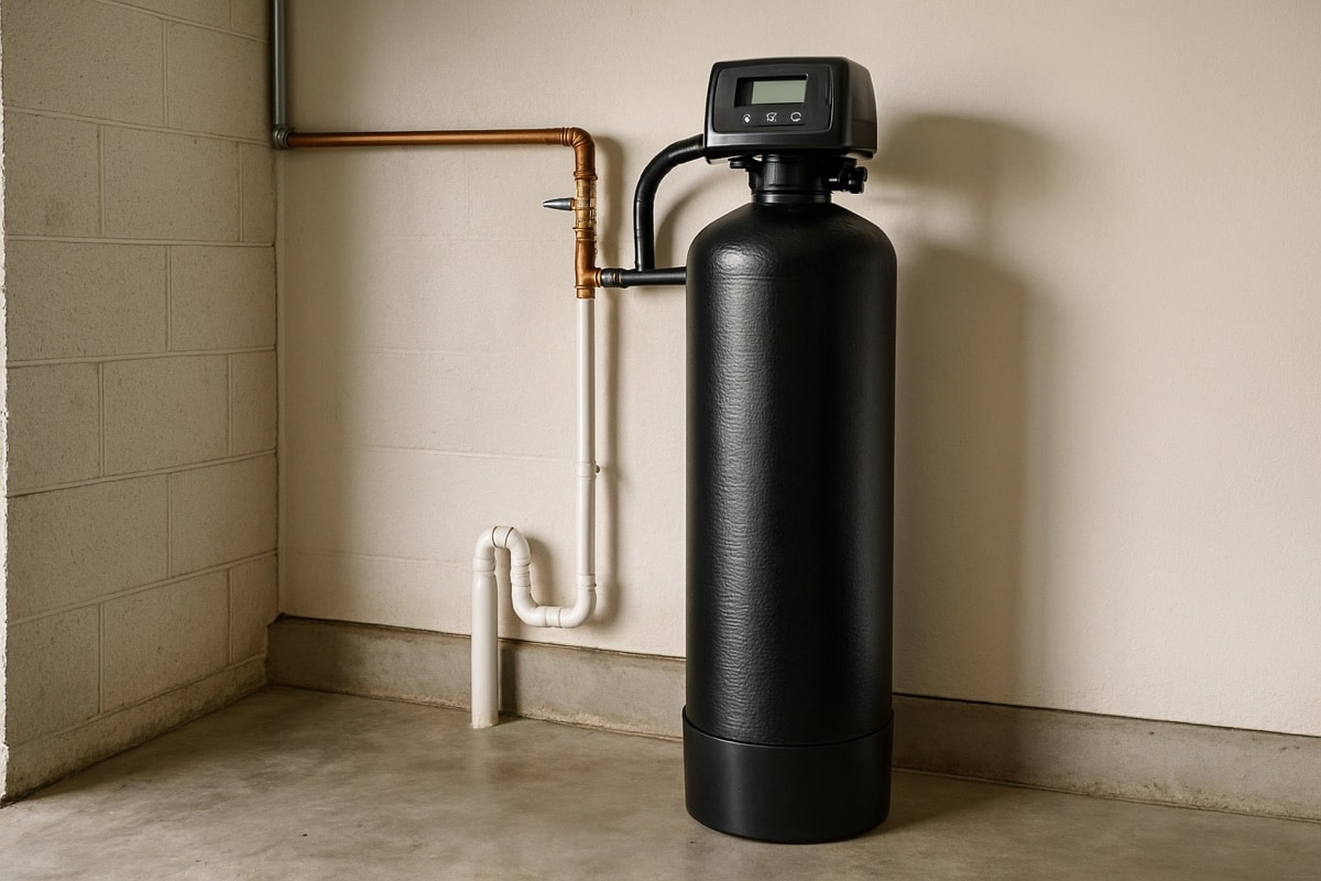 New water softener tank installed in a residential garage with connected plumbing lines