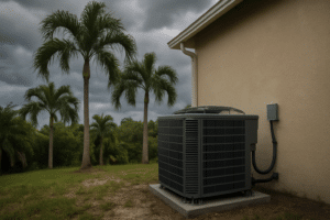 A residential outdoor air conditioning condenser unit secured beside a Florida home with palm trees under a cloudy pre-storm sky