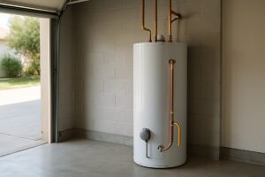 Newly installed tank water heater in a Palm Bay garage with fresh copper water connections