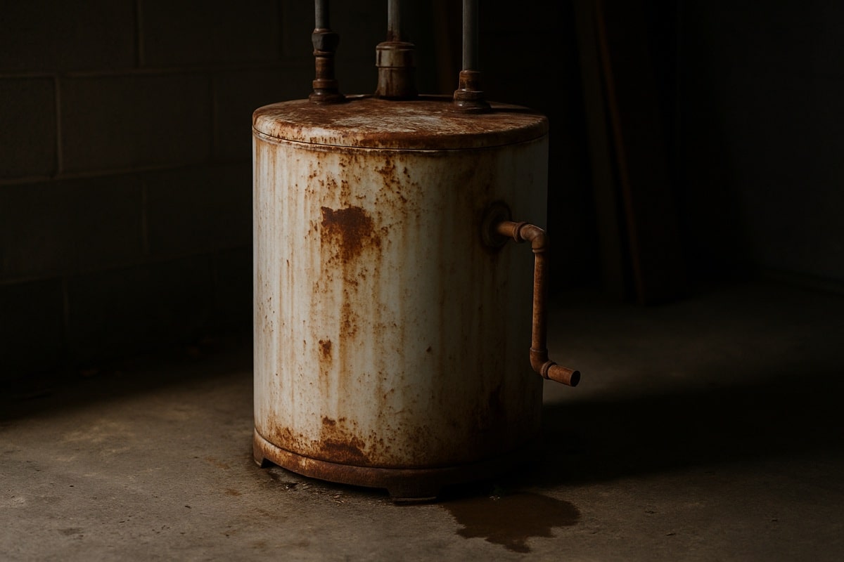 Old rusty tank water heater leaking water onto a garage floor, a clear sign it needs replacement