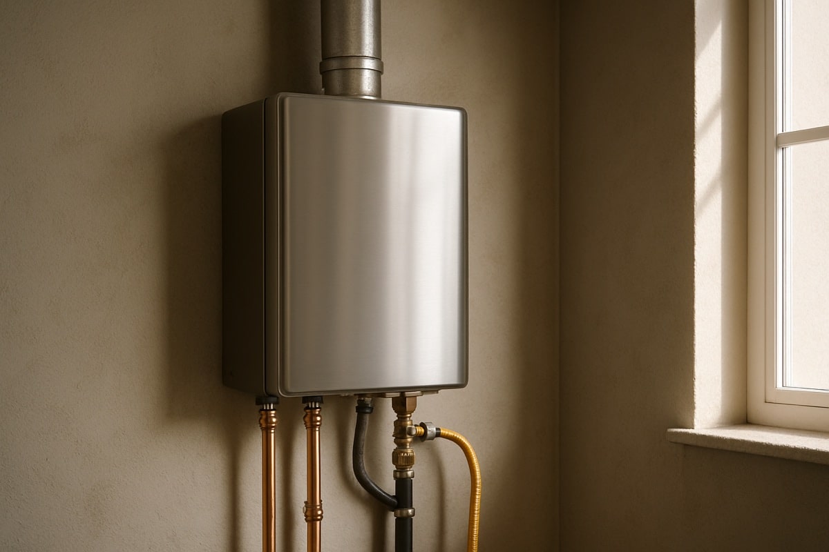Wall-mounted tankless water heater with neat copper and gas connections in a home utility area
