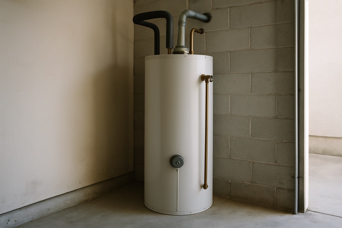 Traditional tank water heater installed in a Space Coast home garage