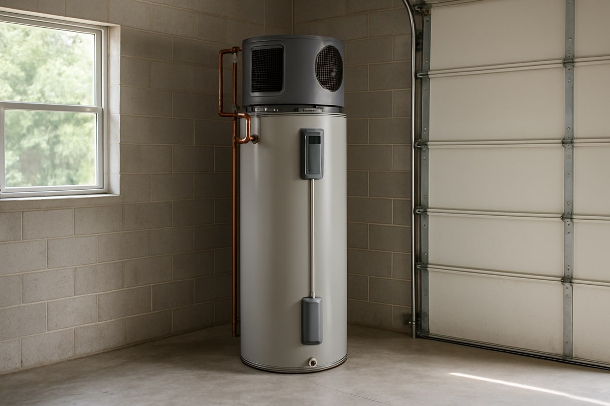 Hybrid heat-pump water heater installed in a Florida garage with airflow space