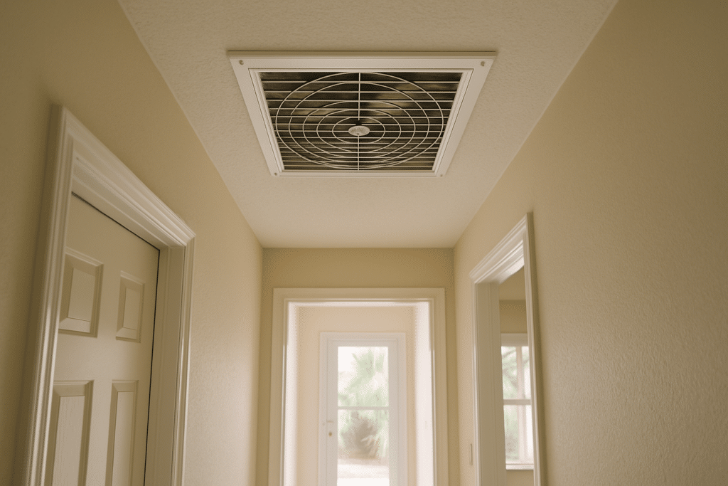 A ceiling-mounted whole-house fan grille in the hallway of a Florida home