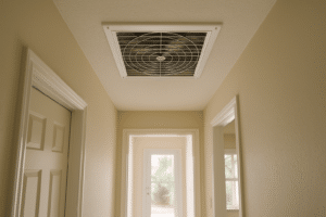A ceiling-mounted whole-house fan grille in the hallway of a Florida home